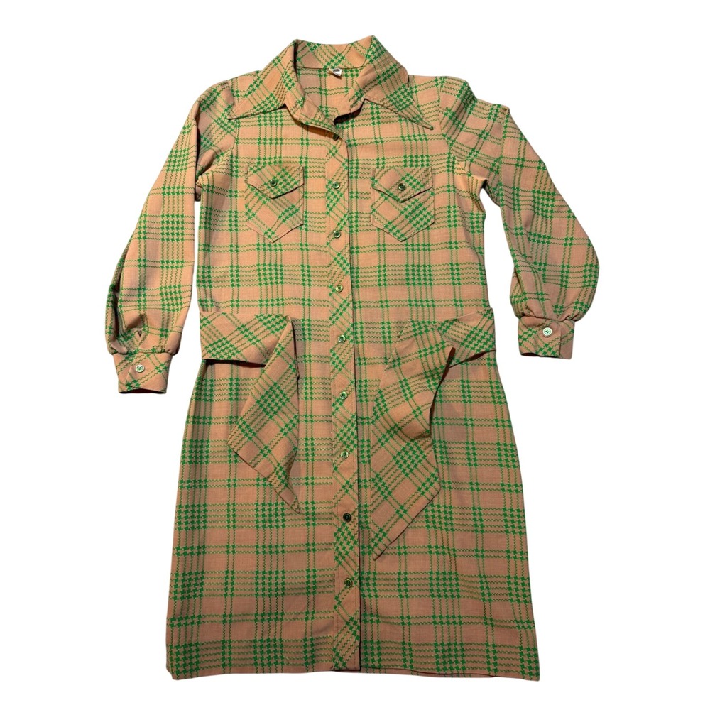Vintage 70s Beeline Fashions Plaid Shirt Dress Green‎ Tan Mod dagger collar midi